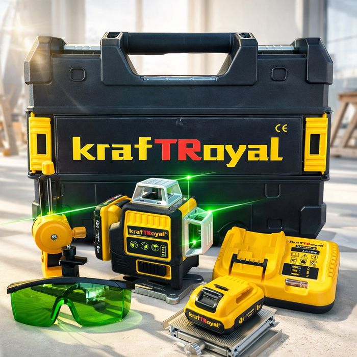 Лазерен нивелир Kraft Royal, самонивелиращ, 4D, дистнационно, жълт, 5V
