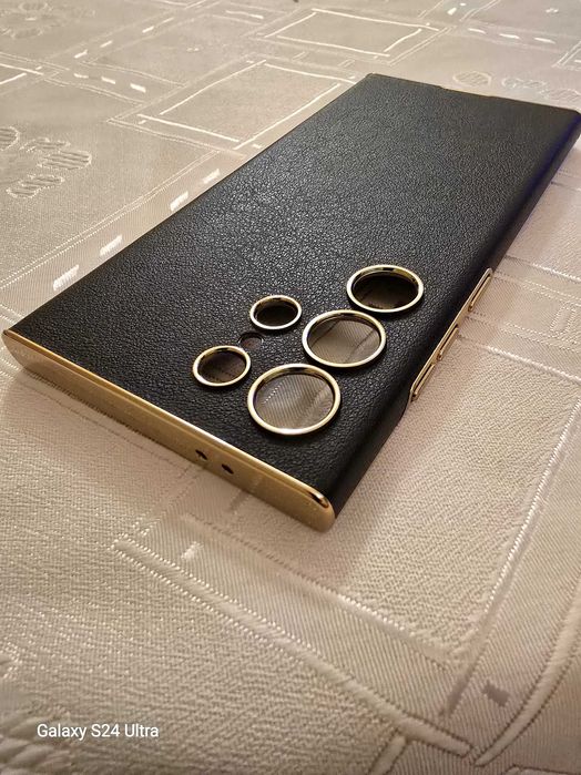 Кожен,Златен, калъф за SAMSUNG S24 ULTRA