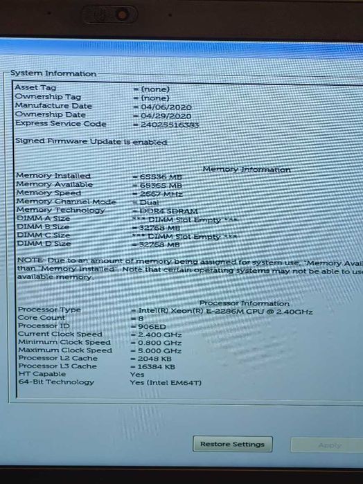 Работна станция Dell Precision 7540 Xeon E-2286M 64GB DDR4 QuadroT2000
