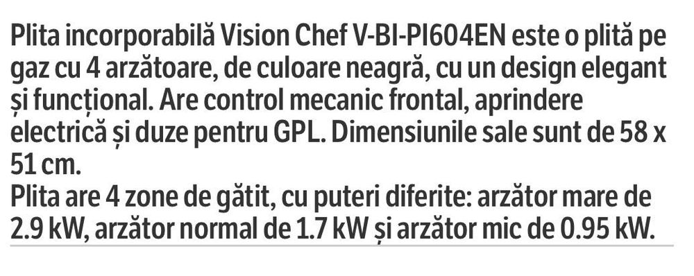 Plită pe gaz nou Vision Chef cu aprindere electrică