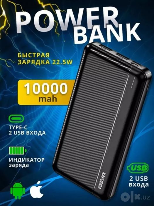 POWER BANK 10000mAh KAKUSIGA tashqi quvvat banki, Type-C, 2 USB va zar