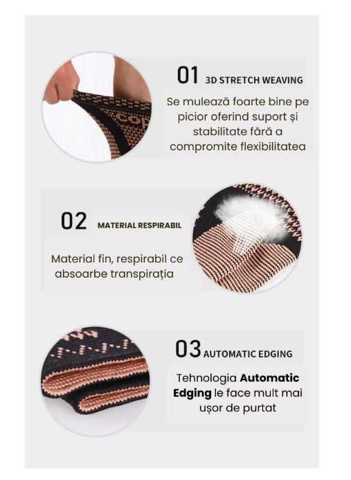 Set 2 sosete de compresie pentru glezna cu fir de cupru, unisex, sport