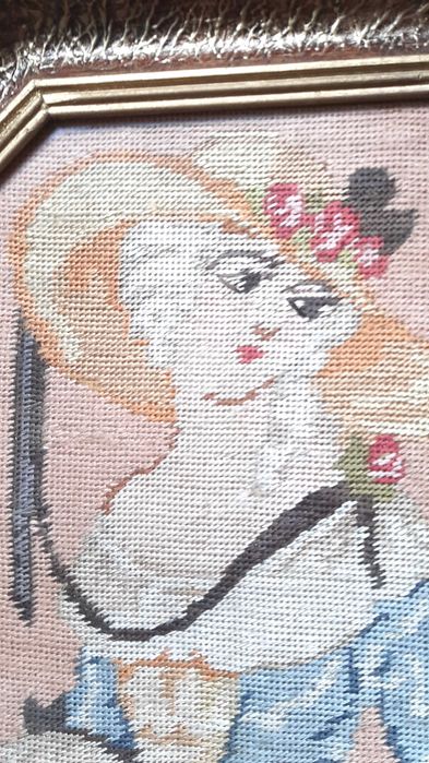 Tablou goblen-Madame de Pompadour, manual, vintage, aprox. 100 de ani