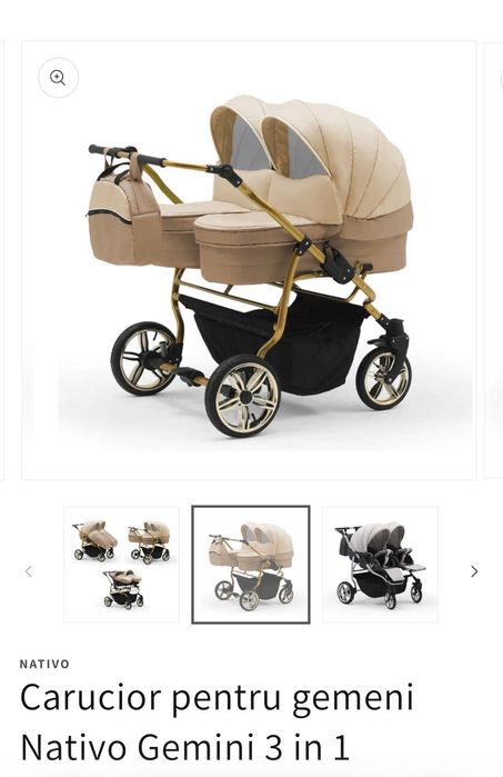 Cărucior gemeni NATIVO  3 în 1 Beige\gold
