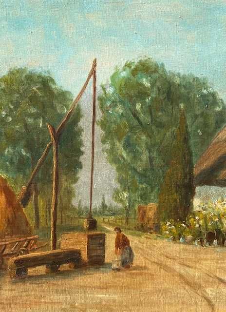 ”La fântână” Tablou foarte vechi, ulei/pânză, semnat. 60x50cm