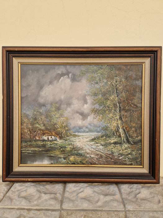 Прекрасна стара белгийска авторска картина масло върху платно