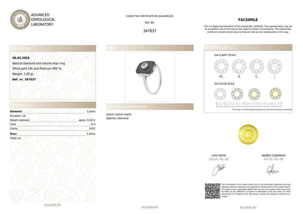 Inel Art Deco din aur alb și platină, decorat cu onix și diamant
