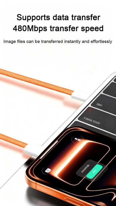 Cablu USB-C 60W 1m, Împletit, Portocaliu NOU
