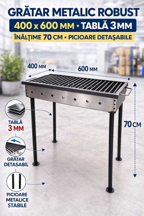 Gratar metalic robust 400x600mm tabla 3mm cu picioare detasabile