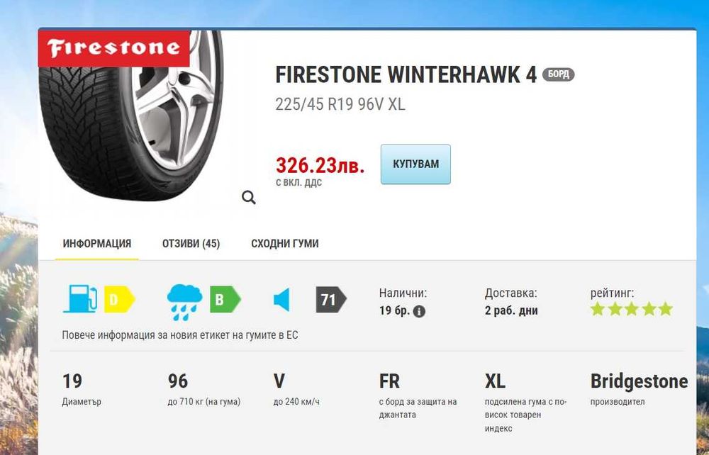 4 броя зимни гуми FIRESTONE winterhawk 4 225/45/19