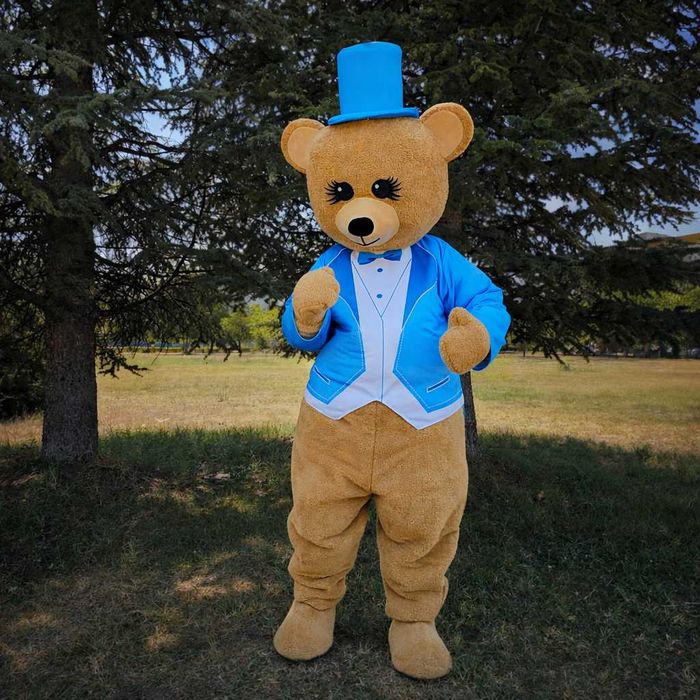 Costum mascotă Urs Teddy maro elegant cu frac albastru și joben, realizat manual, pentru evenimente, petreceri și promovare