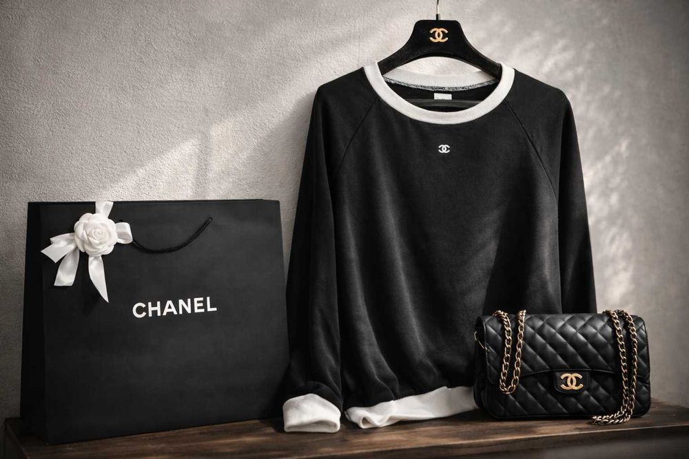 уникална черна блуза с бяло Шанел Chanel дълъг ръкав суичър топ качест
