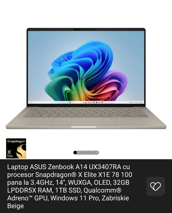 Laptop ASUS Zenbook A14 UX3407RA  NOU desigilat, cu husa, in GARANȚIE.