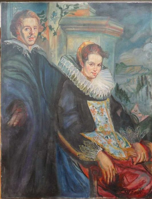 "Familie de nobili" Tablou VECHI, ulei/panza semnat, 90x70cm fara rama