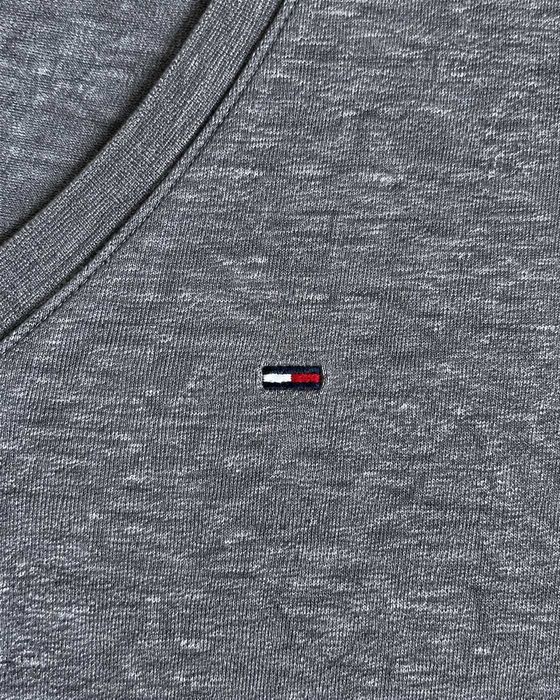 Tricou Tommy Jeans damă gri melanj, decolteu în V, bumbac, mărimea S
