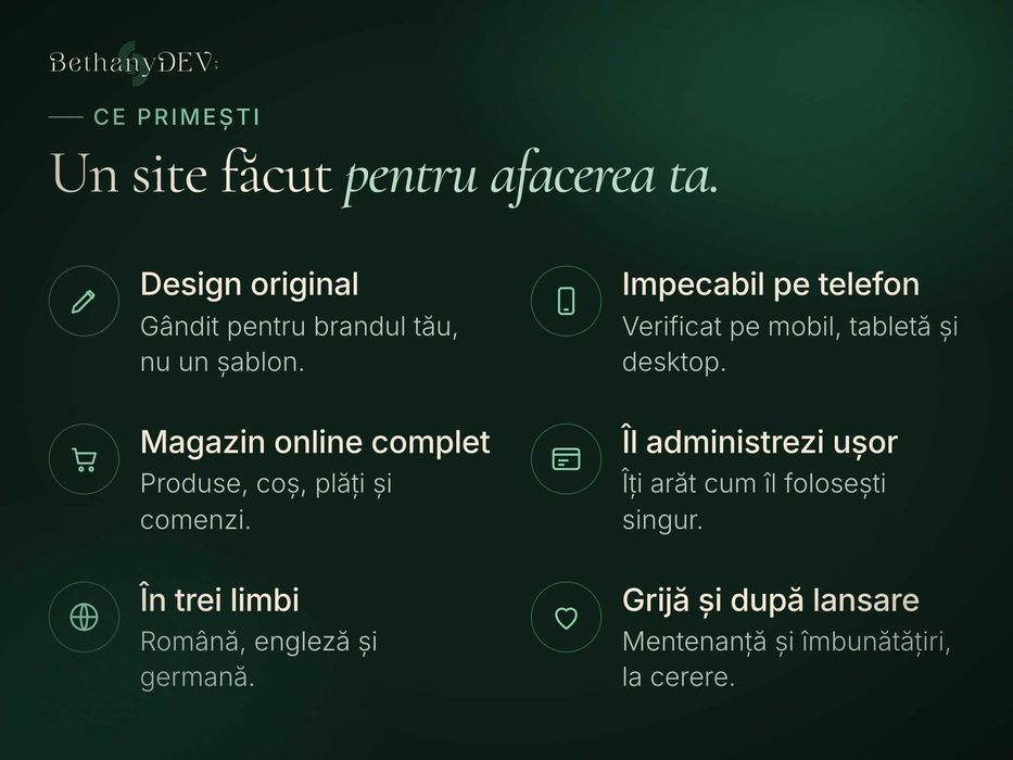 Creare website de prezentare & magazin online la standard internațional | Design original – BethanyDev