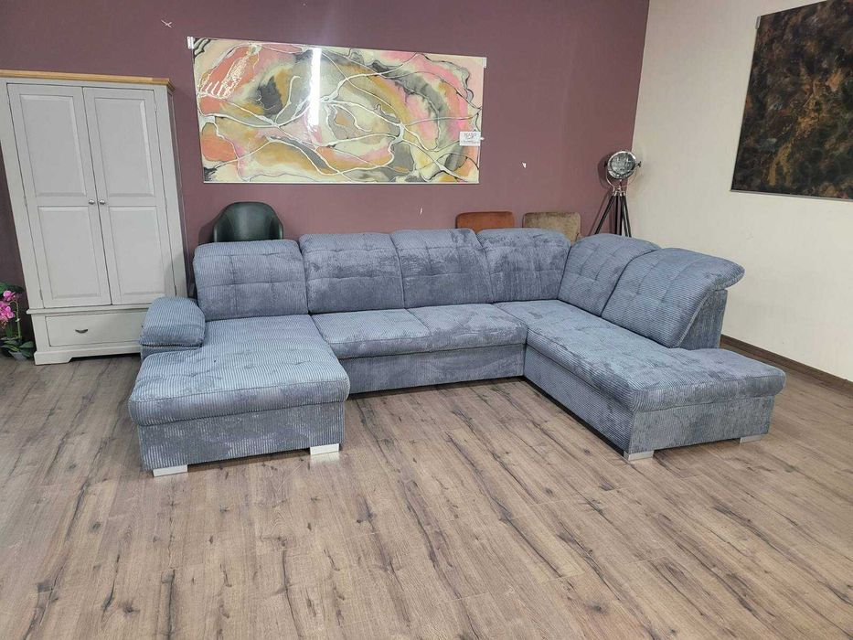 Сив П - образен ъглов диван от плат рипсено кадифе Nixon с функция сън