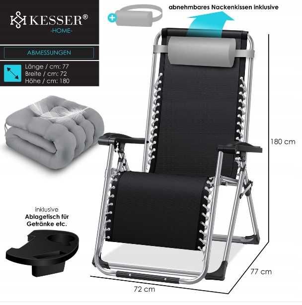 Сгъваем шезлонг с възглавница и поставка за напитки, алуминиев сив