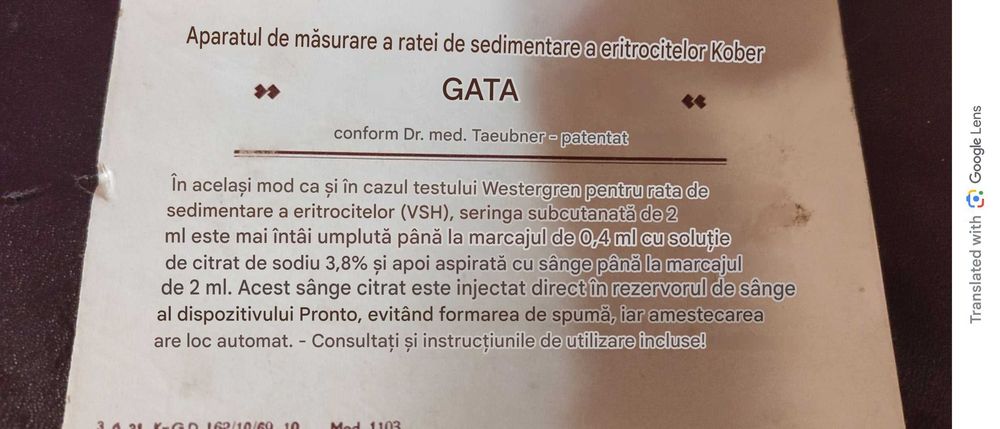 aparat de măsurare a ratei de sedimentare a eritrocitelor tip "Kober"