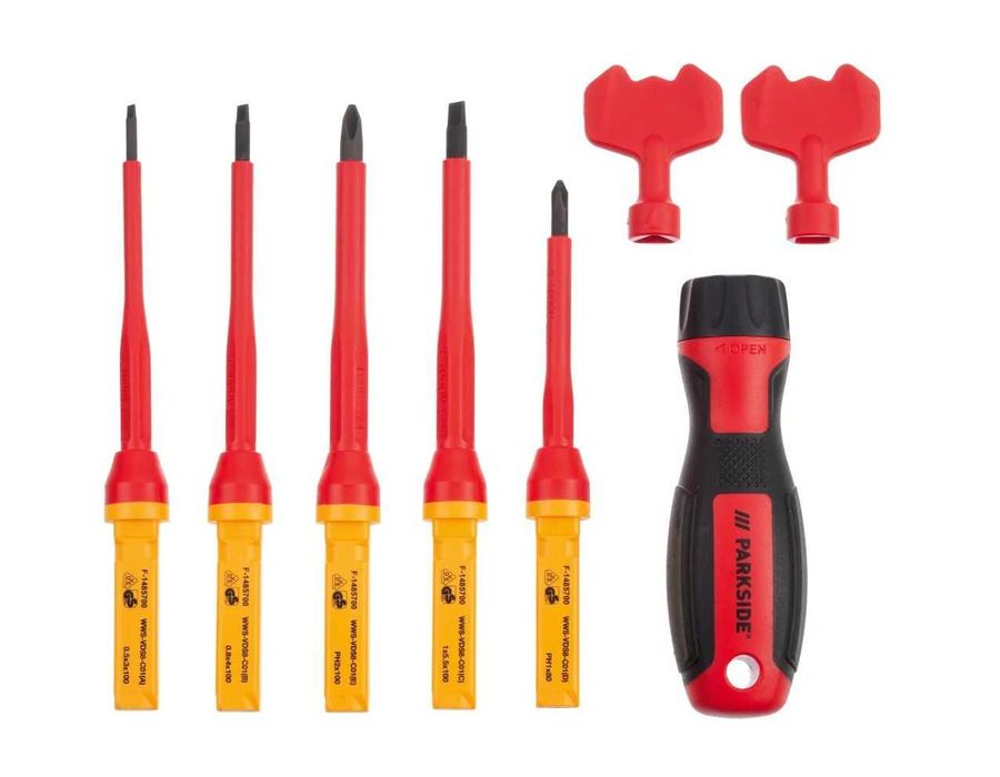 PARKSIDE комплект 1000V VDE отвертка-държач и накрайници,в компактна пластмасова кутия