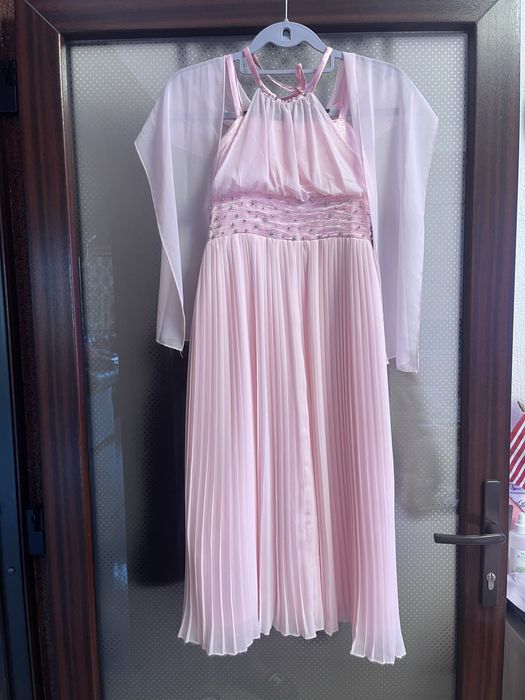 Rochie de gala roz pudrat cu detalii argintii - pentru 9-10 ani
