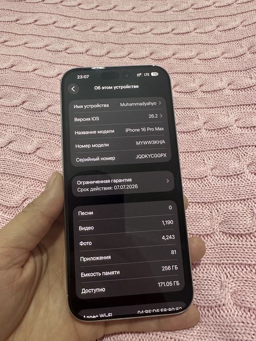 Ayfon 16 pro max 256 gb 100 emkost