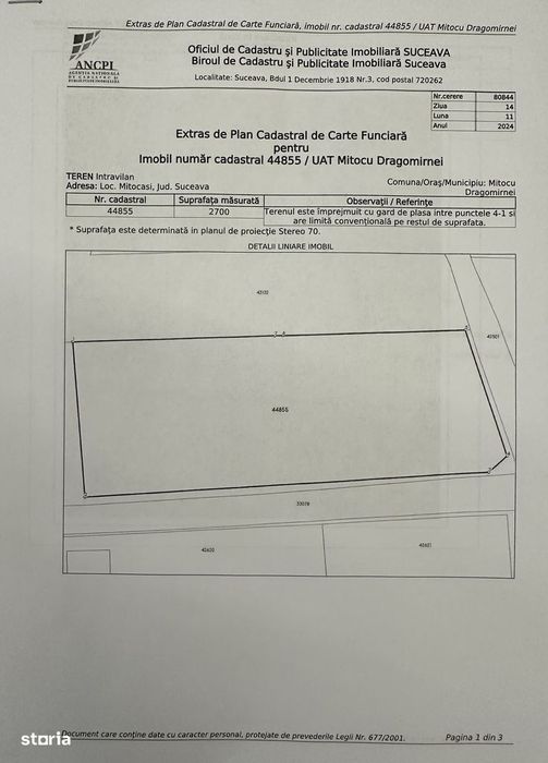Teren intravilan în Mitocași 67500 euro