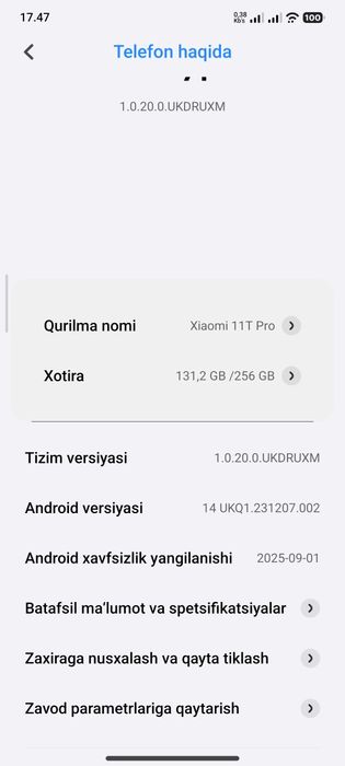 Xiaomi 11 t pro xotira 256gb