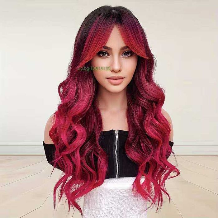 Омбре чуплива перука с ефектно преливане от черно към розови краища