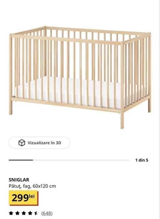 Pătuț IKEA SNIGLAR 120x60 + saltea SKONAST – ca nou