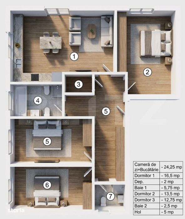 Apartament generos cu 4 camere si doua bai, 90,75 mp