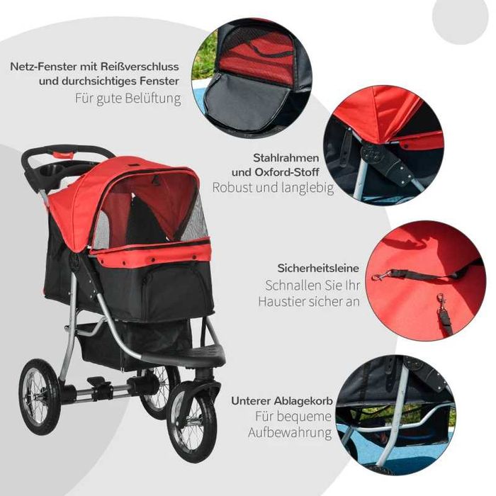 PawHut Кучешка количка с 3 колела, сгъваема до 10 кг