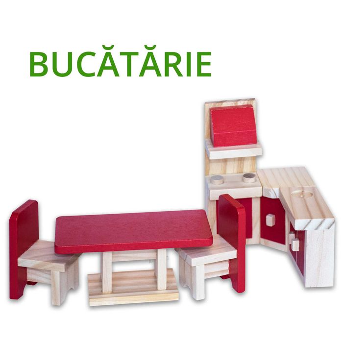 Casuta de papusi cu mobilier din lemn 6 papusi incluse