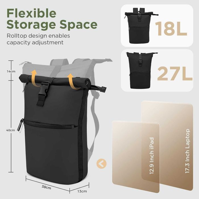 Rucsac roll top waterproof 18-27L laptop 17.3 inch din piele PU negru pentru travel scoala business