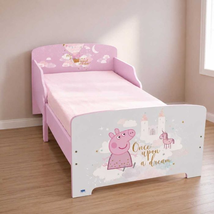 Детско легло Peppa Pig 140x70 см с ламелна основа – Розово легло с Пепа Пиг, замък и еднорог