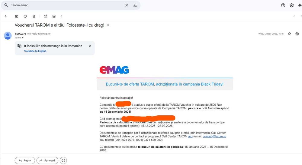 Voucher Tarom in valoare de 2500 Lei - 1000 lei