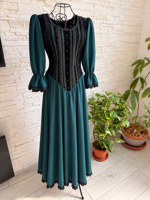 Rochie elegantă vintage verde petrol & negru – mărimea 42
