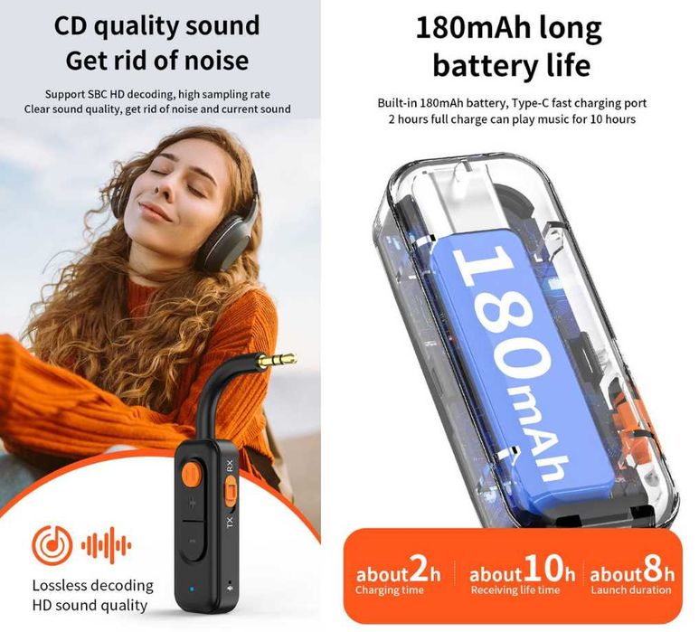 Adaptor Bluetooth 5.4 AdyMel®, mufa Jack 3.5 mm flexibila