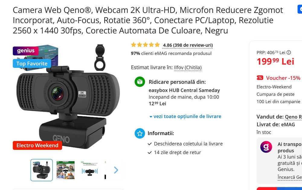 Camera Web Qeno, Webcam 2K Ultra-HD