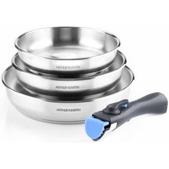 Комплект тигани Arthur Martin 4 части, с подвижна дръжка Inox 18/10
