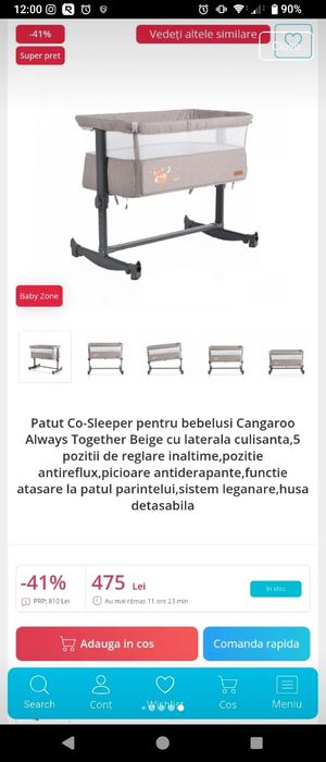 Patut co-sleeper NOU pentru bebelusi Cangaroo Always Together cu laterala culisanta, 5 pozitii de reglare inaltime