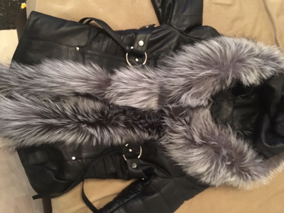 Geaca piele+blana - gluga/guler lung vulpe argintie, NOUA