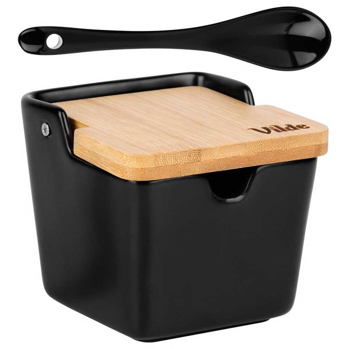 Захарница с лъжица, керамика/бамбук, черна, вместимост 250 мл