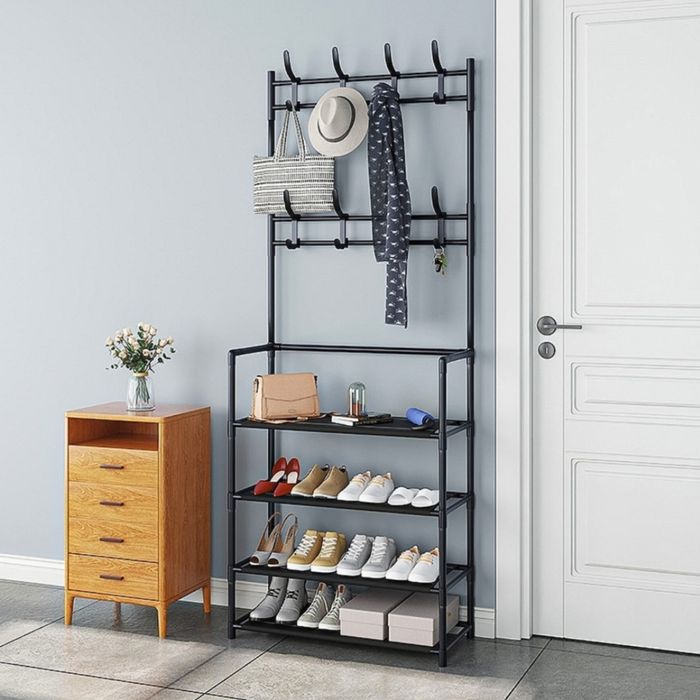 Cuier haine cu suport pantofi 4 rafturi alb/negru Stoc limitat