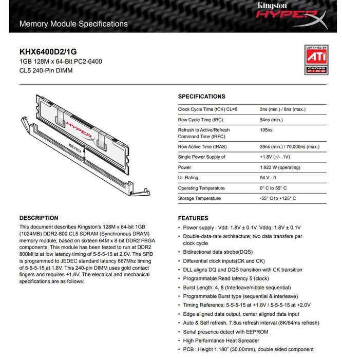 1GB DDR2 Kingston Hyper PC2-6400 800Mhz (KHX6400D2/1G)