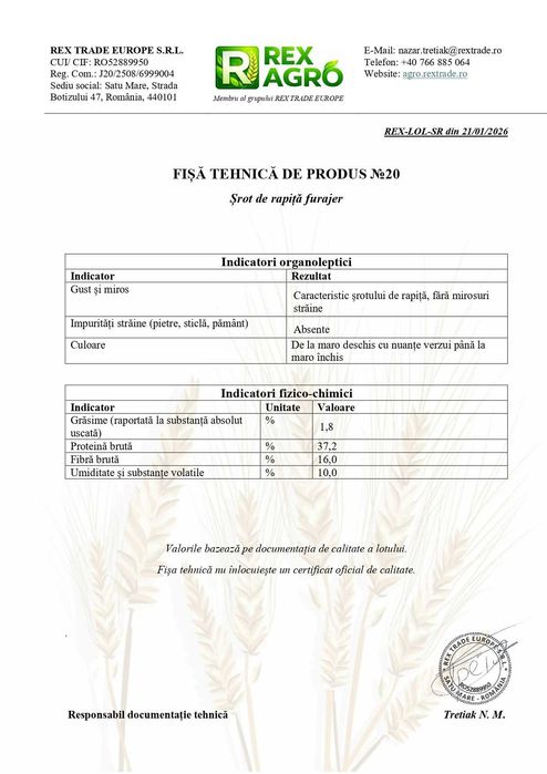 Șrot de rapiță vrac | Proteină 37,2% | DSVSA
