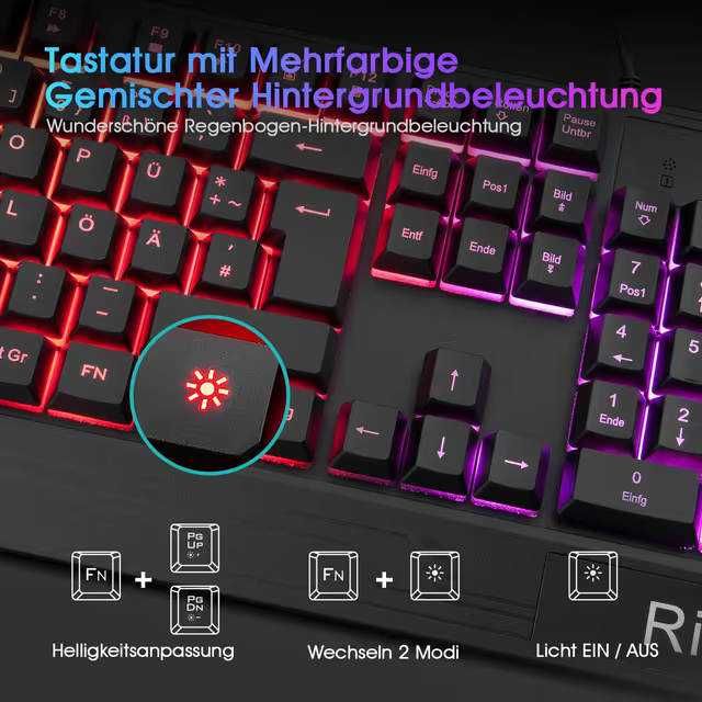 Rii игрова клавиатура и мишка комплект RGB подсветка QWERTZ водоустойчив USB