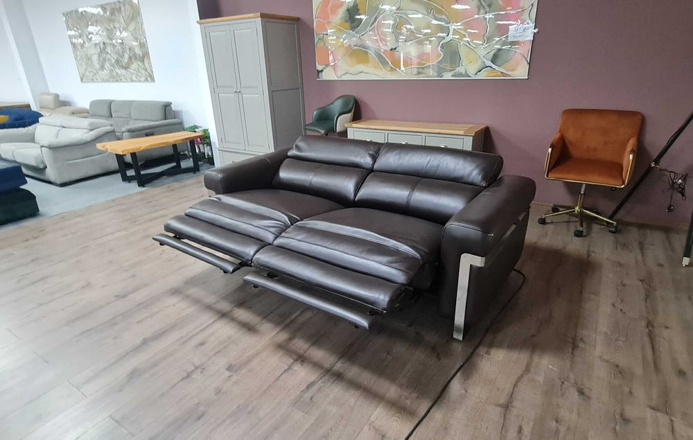 Тъмно кафяв кожен диван тройка "Moreno" с ел. релакс механизъм