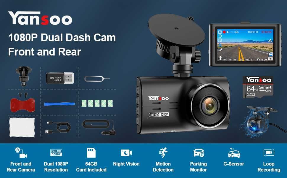 Yansoo Dash Cam + задна камера и карта  8GB карта
