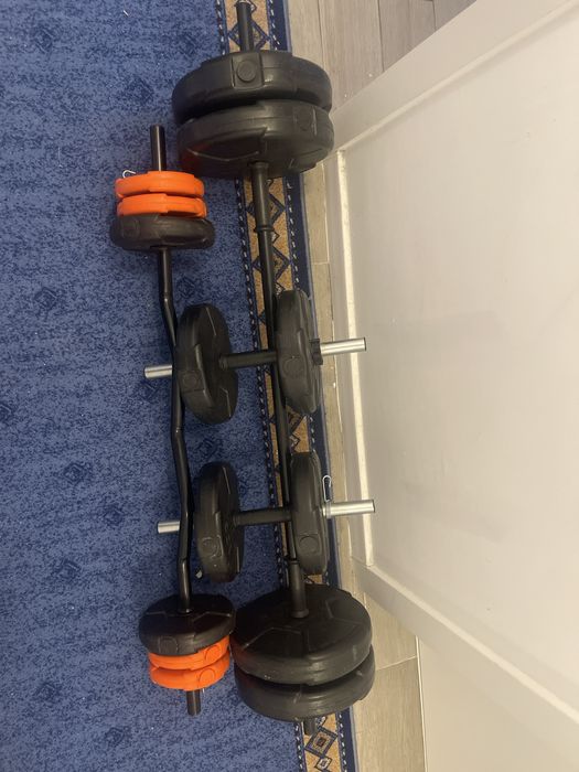 Set greutăți fitness: gantere + halteră lungă + bară EZ
